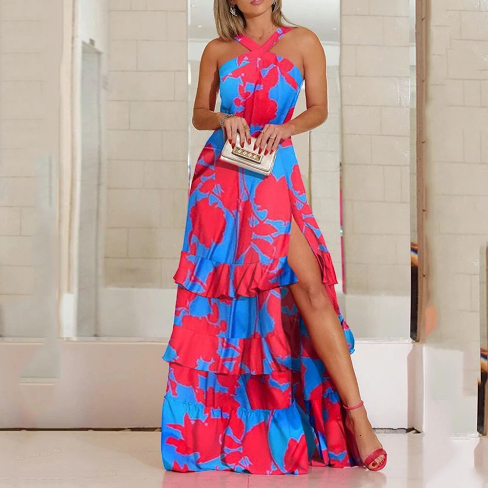 2025 Summer New Strap Dress Bohemian Dress Printed V-neck Sleeveless Dress