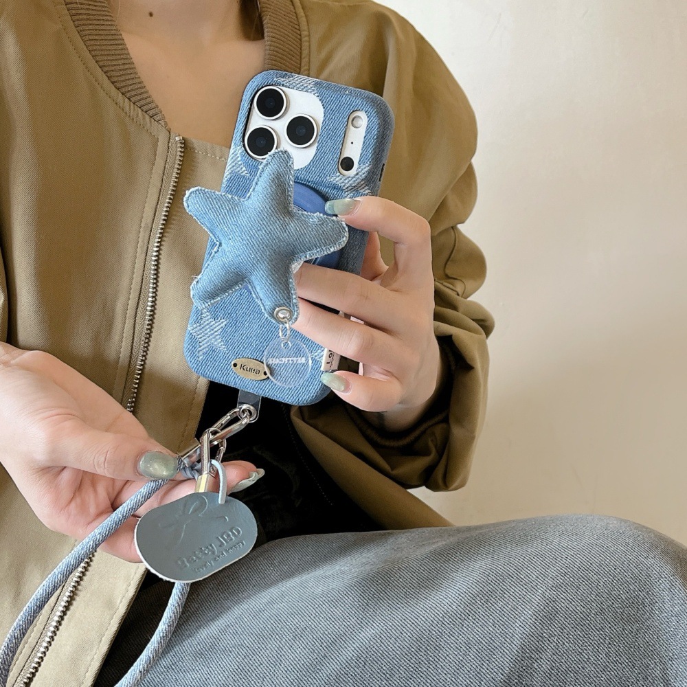 Denim Magnetic Star Stand Phone Case Compatible with iPhone 17/16 Pro Max Solid Color Lanyard Case iPhone 15/14 Pro
