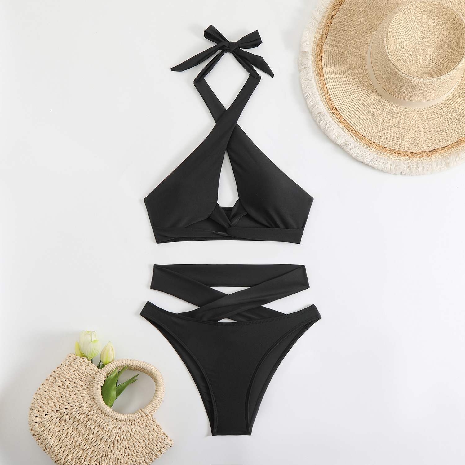 2025 new bikini women's neck hanging cross split two-piece set solid color backless sexy beach swimsuit