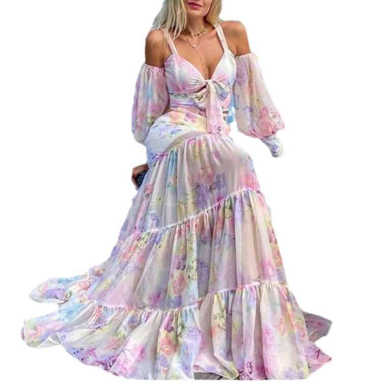 2025 Summer New Womens Dress with Waist Cinching and Slimming Print Suspender Large Swing Long Skirt