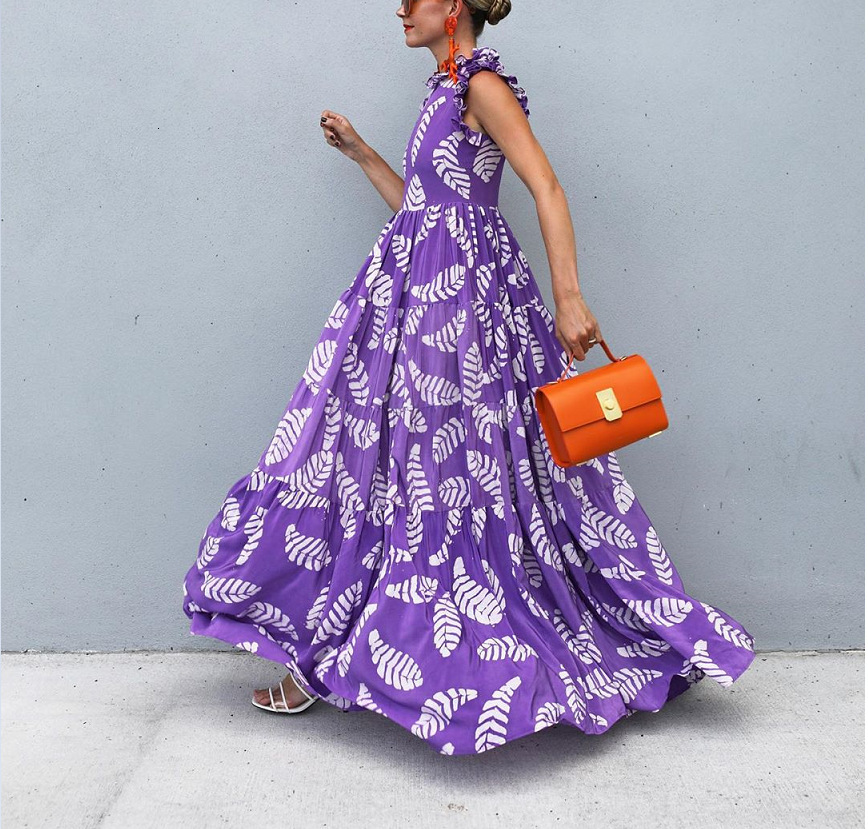 2025 Spring/summer New Womens Violet Printed Sleeveless Waist Swing Dress
