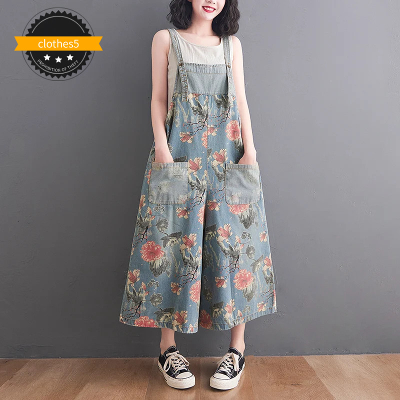 Summer Ladies Ankle-Length Loose Wide Leg Jumpsuits Women Ral Print Rompers Vintage Denim Overalls