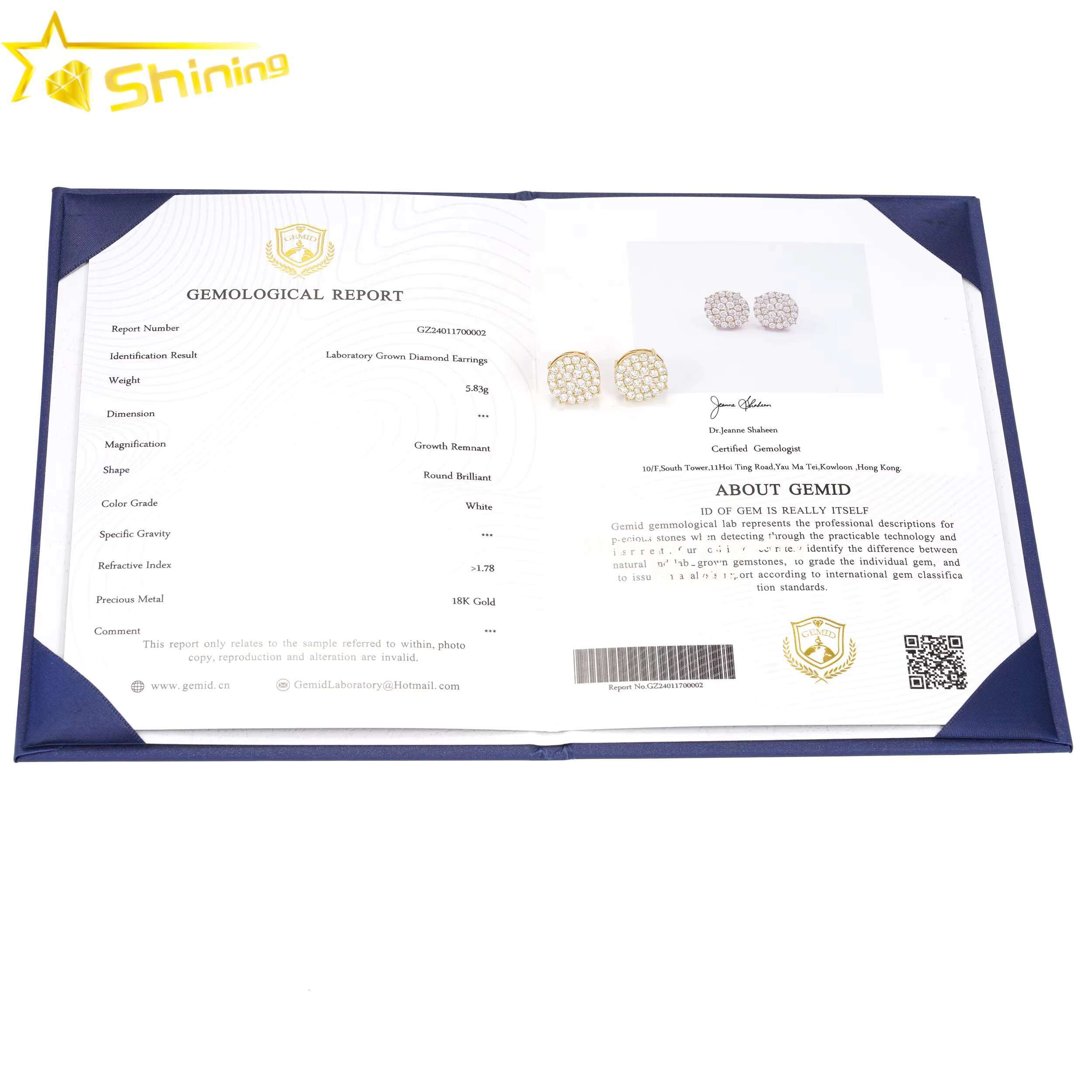 Luxury Hip Hop Yellow Gold Certified Iced Out Top Quality Solid 18k Gold Lab Diamond Earrings