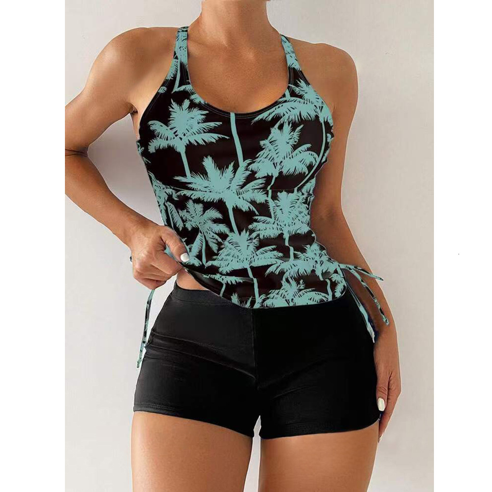 2025 new coconut tree print multi-color drawstring slimming solid color boxer shorts swimsuit for women