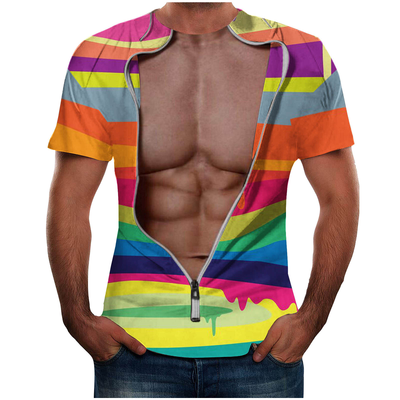 20243D printed mens short sleeved T-shirt spoof fake shirt 3D digital printed fun mens T-shirt