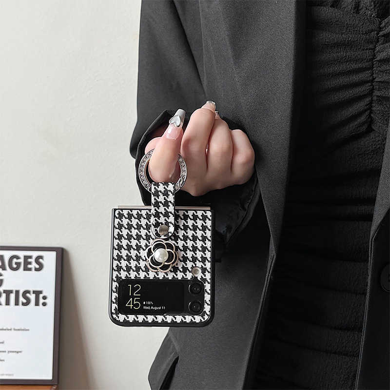 Foldable Screen Flip Phone Case Compatible with ZFlip4 Camellia ZFlip7 Rhinestone Ring Holder Socialite Style J251202