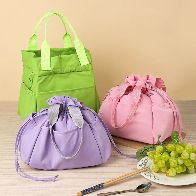 Macaron insulated lunch bag portable box with drawstring storage handbag outdoor travel food bento 250401