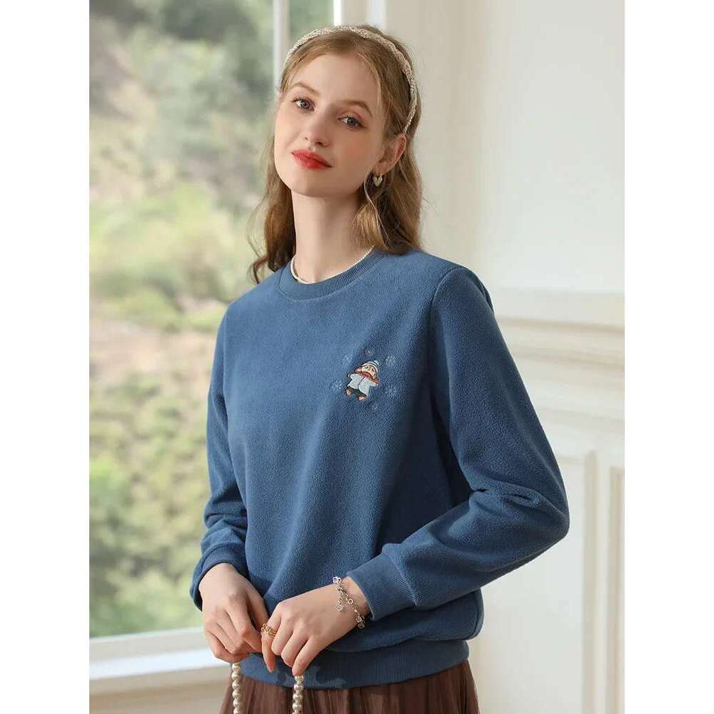 Women's Hoodies Winter New Loose Knit Ribbed Trendy Crewneck Embroidery Plus Wool Thick Pullovers