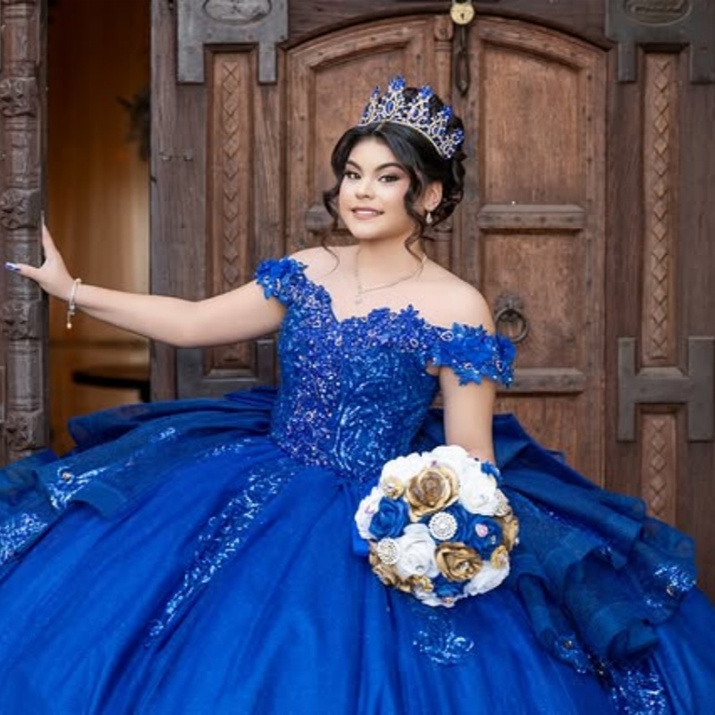 Royal Blue Shiny Princess Quinceanera Dresses Off Shoulder Beading Crystal Applique Lace Tull Sweet 16 Dress Ball Gown Vestidos 15 De Anos