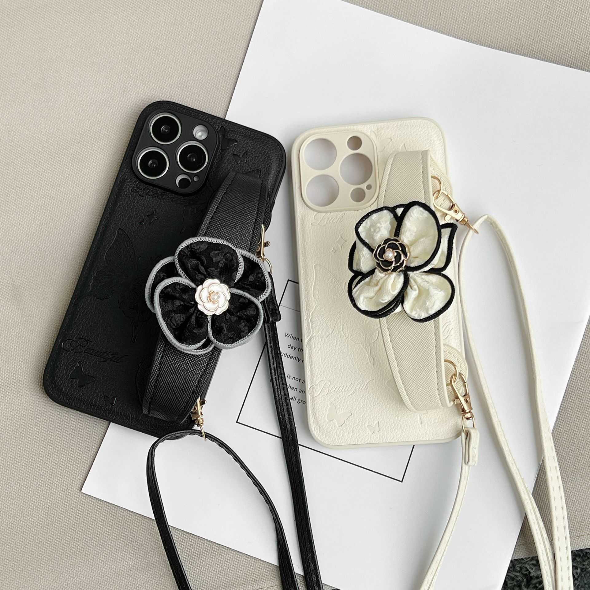 Butterfly Embossed Leather Case for iPhone 16 Pro Max iPhone 15 with Wrist Strap Crossbody for iPhone 1314 J251202