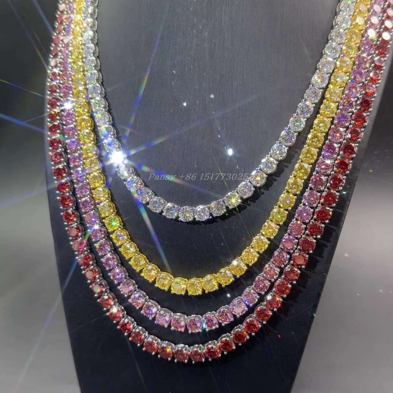 Fine Jewelry 925 Sterling Silver Iced Out Lab Created Colorful VVS Red Moissanite Diamond Cluster Tennis Chain
