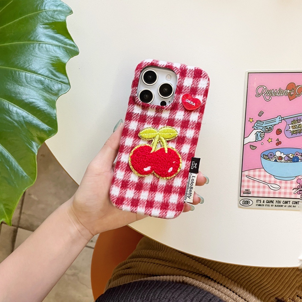 Red Green White Checkered Cherry Patch Phone Case Compatible with iPhone 17/16 Pro Solid Color Velvet Case iPhone 15/14