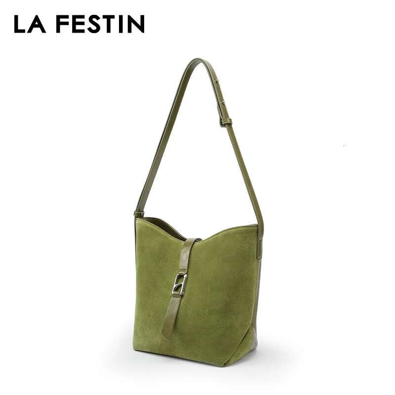 LA FESTIN Original Brand Shoulder 2025 New Suede Handbag Women Fashion Bucket Green Leather Bag