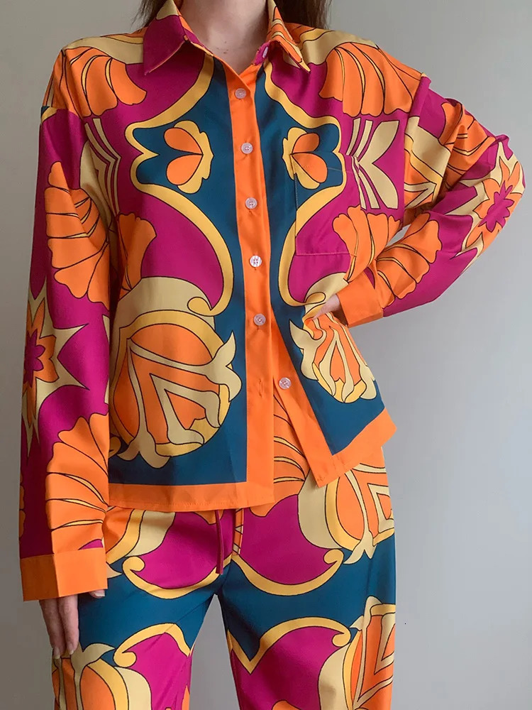 2piece womens loose single button bat sleeping bag printed shirtwide leg elegant waist pants spring set 250403