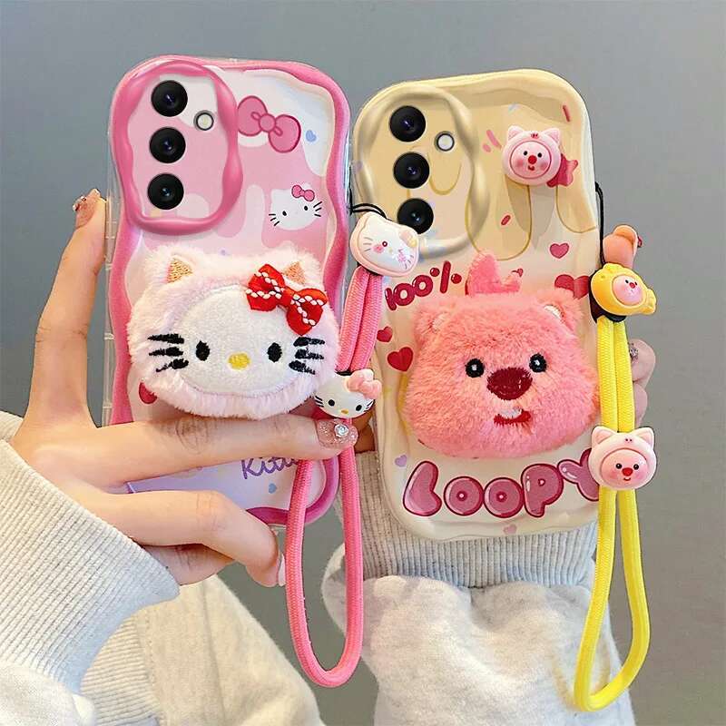 3D Cartoon Kitty Bear Fur Phone Case For Samsung Galaxy A52S A32 A12 A13 A23 A33 A53 A14 A15 A24 A34 A54 Wavy Toy Strap Cover