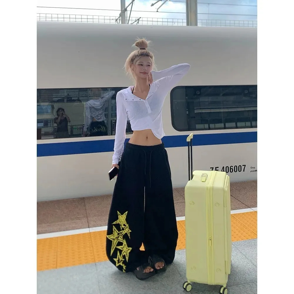 Summer White Drawstring Womens Sweatpants High n Printed Wide Leg Casual Sports Pants Street Style Trousers Z260314