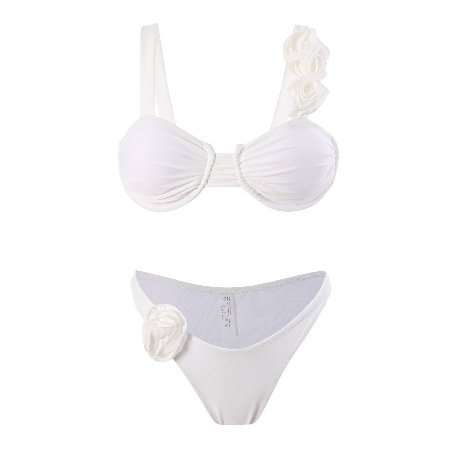 2025 3D flower bikini women's split solid color sexy suspender strap swimsuit