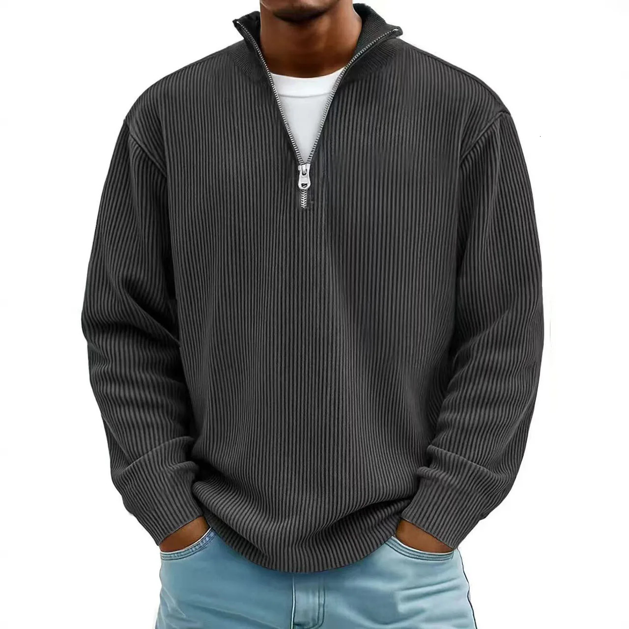 Corduroy Sweatshirts For Men Autumn Solid Long Sleeve Clothing Mens Casual Loose Zipper Polo Collar Tees Tops Man Outwear 251105