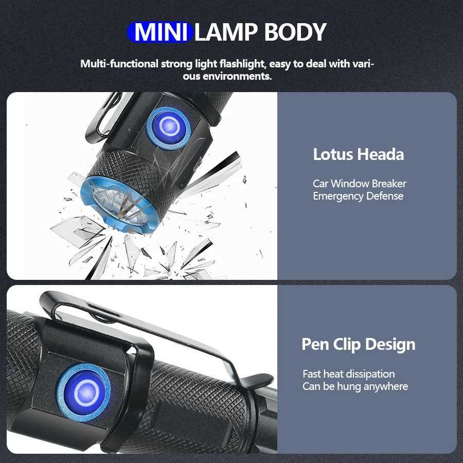 Ultra Bright Mini P50 LED Flashlight Outdoor Hat Clip Torch USB C Rechargeable with Tail Magnet Camping Hunting Emergency LampW251106