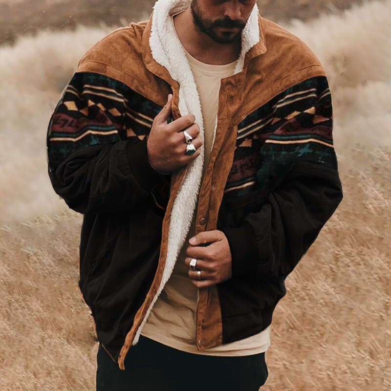 Cross-Border European Size Autumn Winter Men's Fashion Geometric Print Fleece Jacket B5