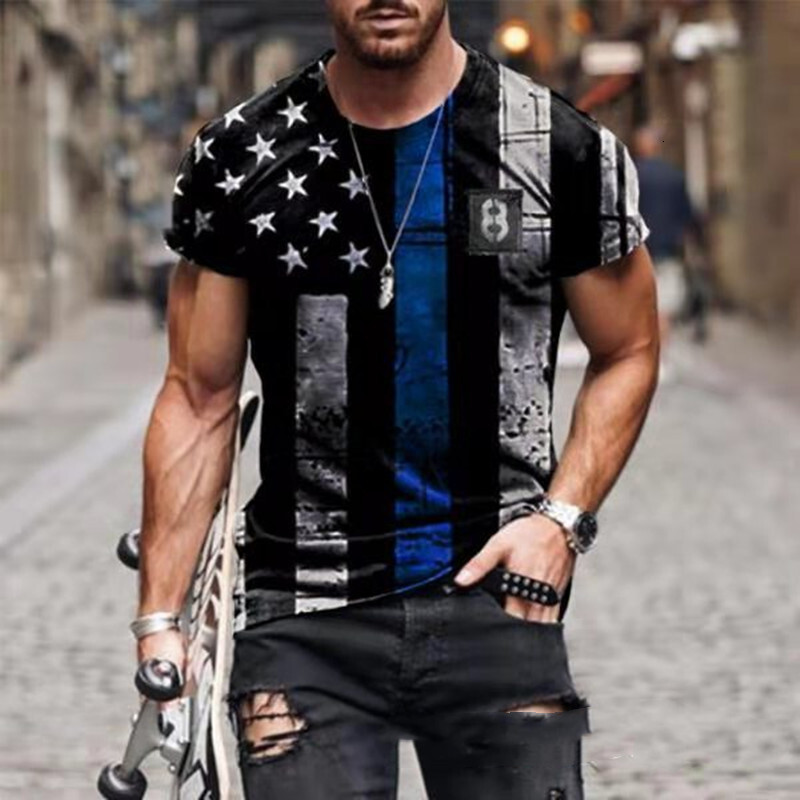 2025 New Mens Wear China-Chic Star Flag Printed Round Neck Pullover Short Sleeve T-shirt Top