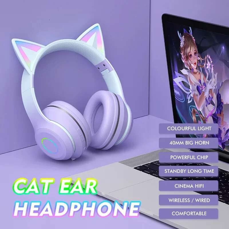 Cute Cat Light Headphones Wireless Bluetooth Earphone with HD Mic Hifi Stereo Music Gamer Headsets gifts for kids