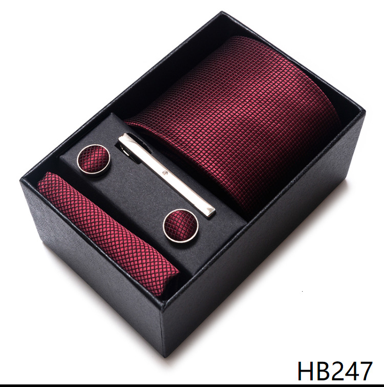 Luxury 8 cm 100% Silk Tie Pocket Squares Cufflink Set Necktie Box Blue Striped Wine Red Memorial Day Accessories Men Workplace