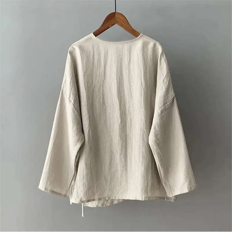 Limiguyue Cotton en Blouse Casual Slanted Collar Lace-up Cardigan Women Spring Autumn Loose Thin Shirt Clothing Literary F762