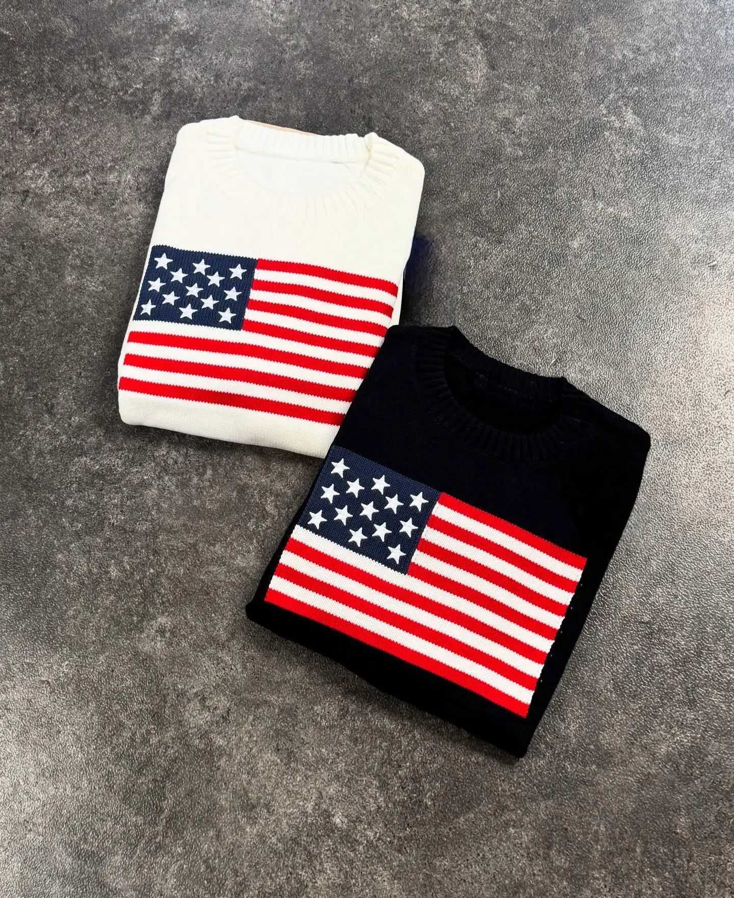 Men Autumn Winter Sweater New Cotton Embroidered American Flag Round Neck Knitted Sweater Loose and Versatile Trendy Hoodie X251106