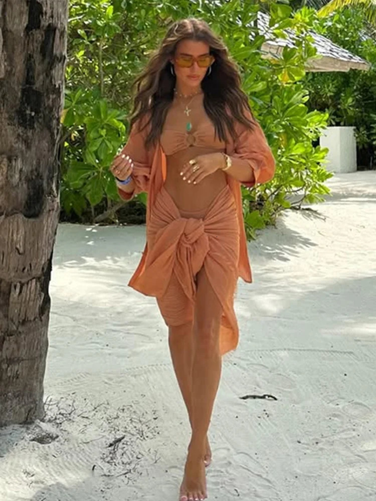 Beach cotton linen long sleeved dress for women V-neck long sleeved loose and soft suit for women summer vacation set for women 250401