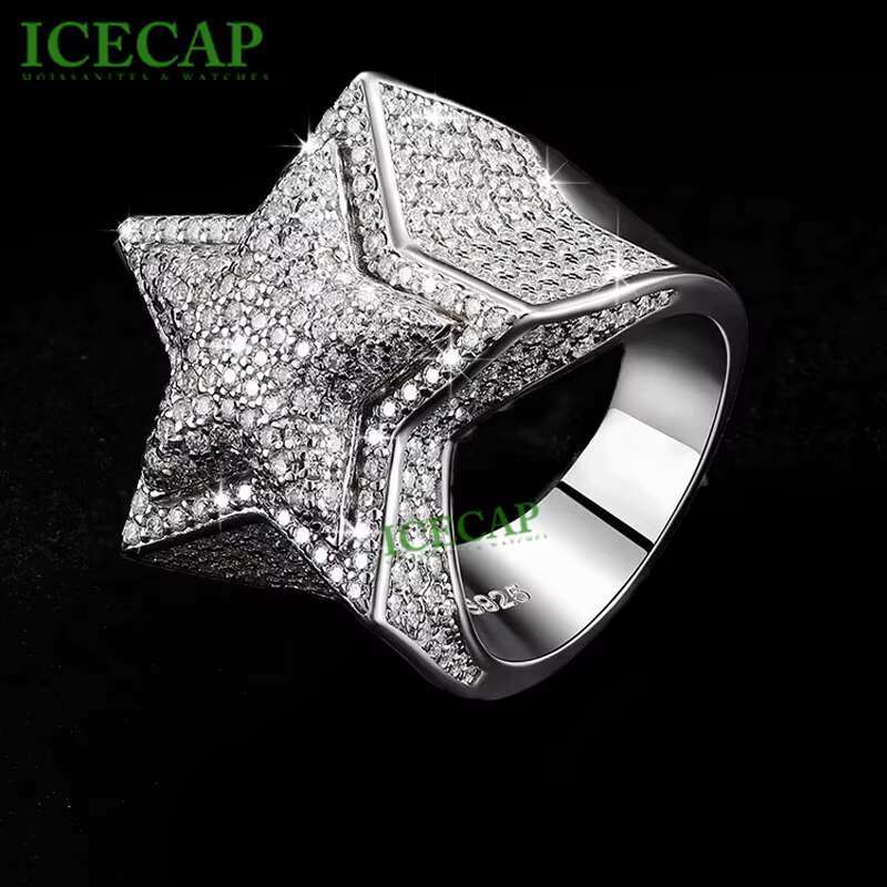 925 Sterling Silver 3D Mens Hip Hop Ring VVS Moissanite Iced Crystal Pentagram Stars Baguette Shape Unisex Rhodium Anniversary