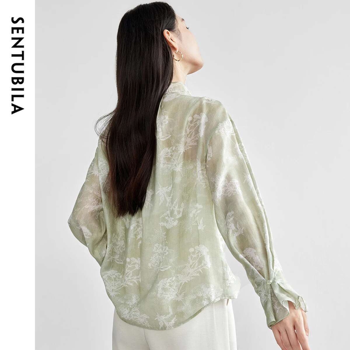 SENTUBILA Lyocell Printing Shirts Womens Spring 2025 Straight Chiffon Stand Neck Flare Sleeve Ruffles Cozy Blouses 151C58061