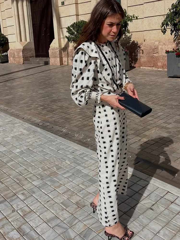 Fashion printed patch work light sleeve jacket set for womens casual loose high waisted A-line skiing Vocation streetwear 250402