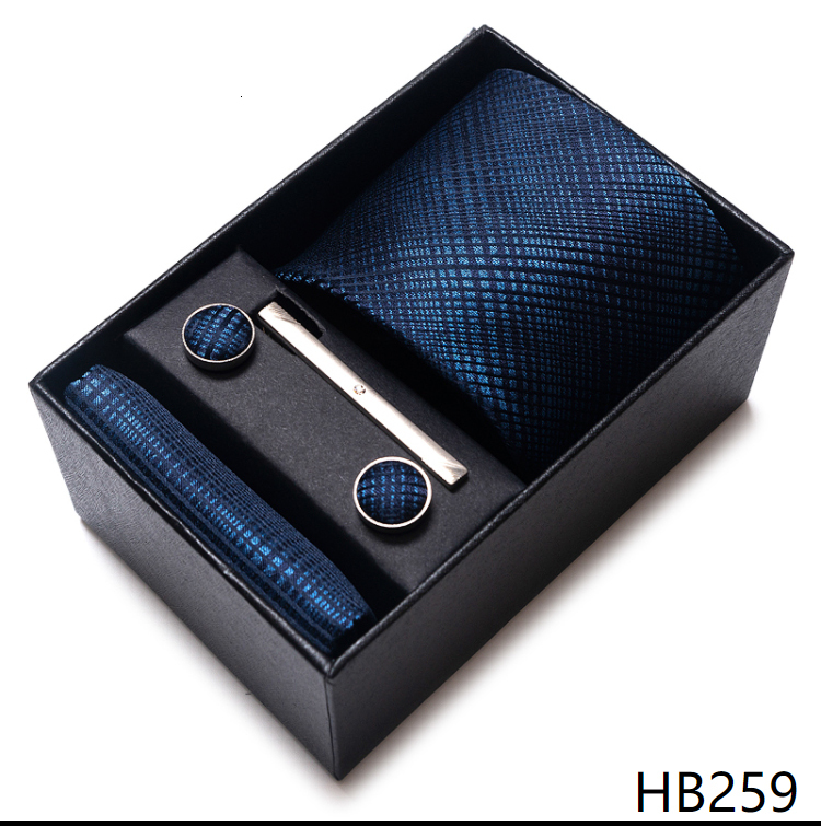 Luxury 8 cm 100% Silk Tie Pocket Squares Cufflink Set Necktie Box Blue Striped Wine Red Memorial Day Accessories Men Workplace