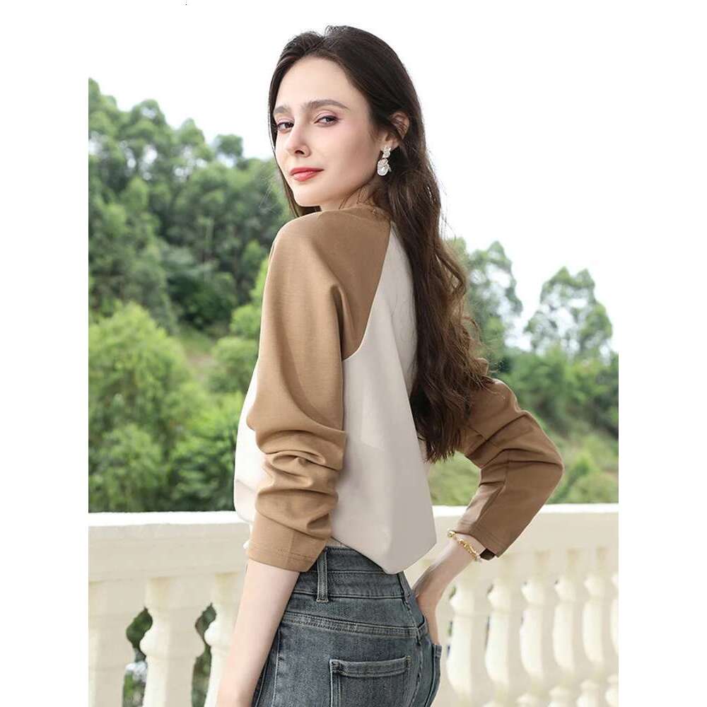 T-Shirts Top For Women Rotator Spliced Printed Long Sleeve Autumn New Chic Women's Clothing