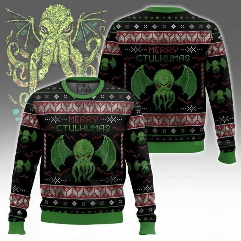 Christmas Ugly Sweater Cthulhu Octopus Face Dark And Bizarre Black Green Snowflake Christmas Elements Winter Sweater Pixel Style L251106