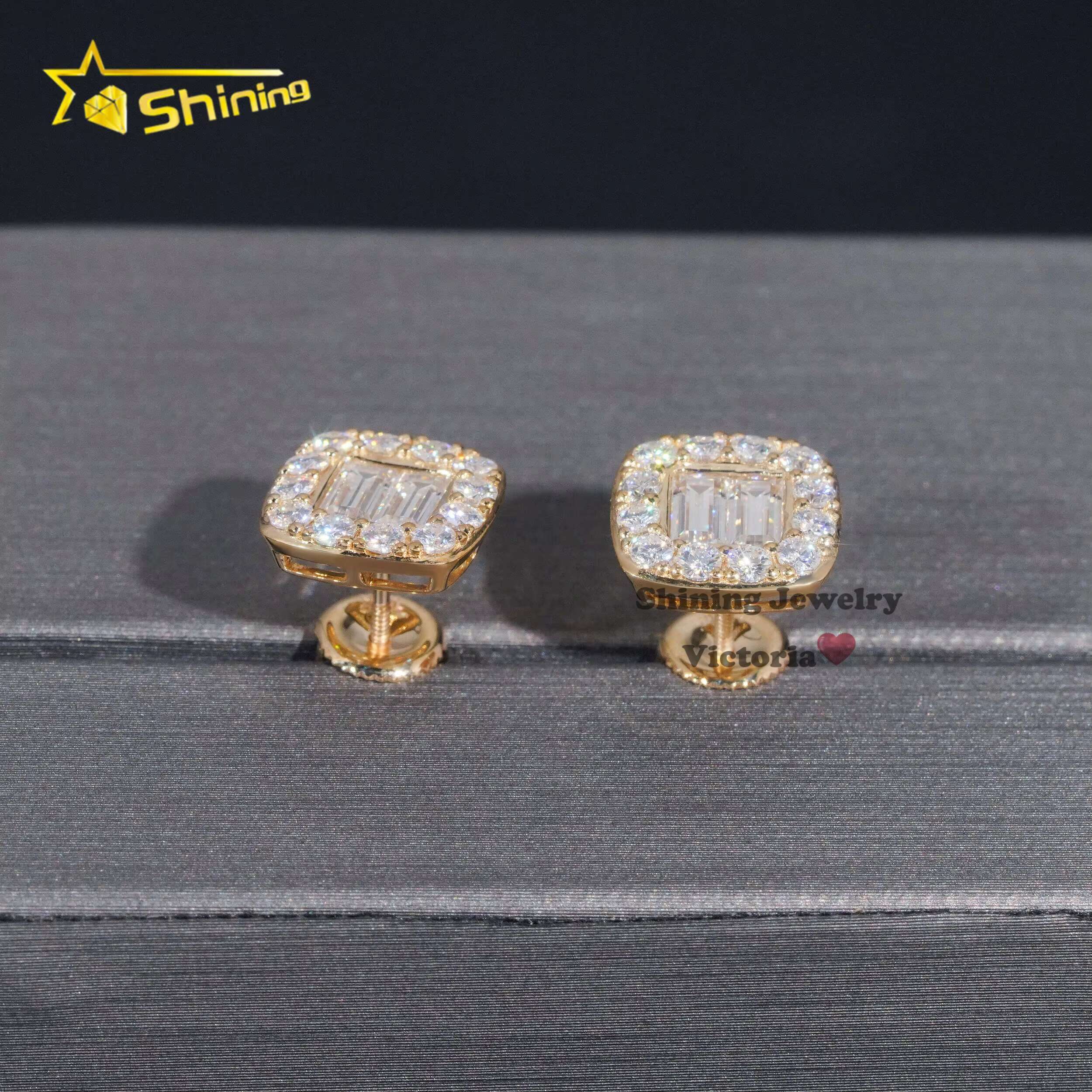 Baguette Lab Grown Dia Iced Out Jewelry 10K 14K Soild Gold Hip Hop Moissanite Stud Earrings