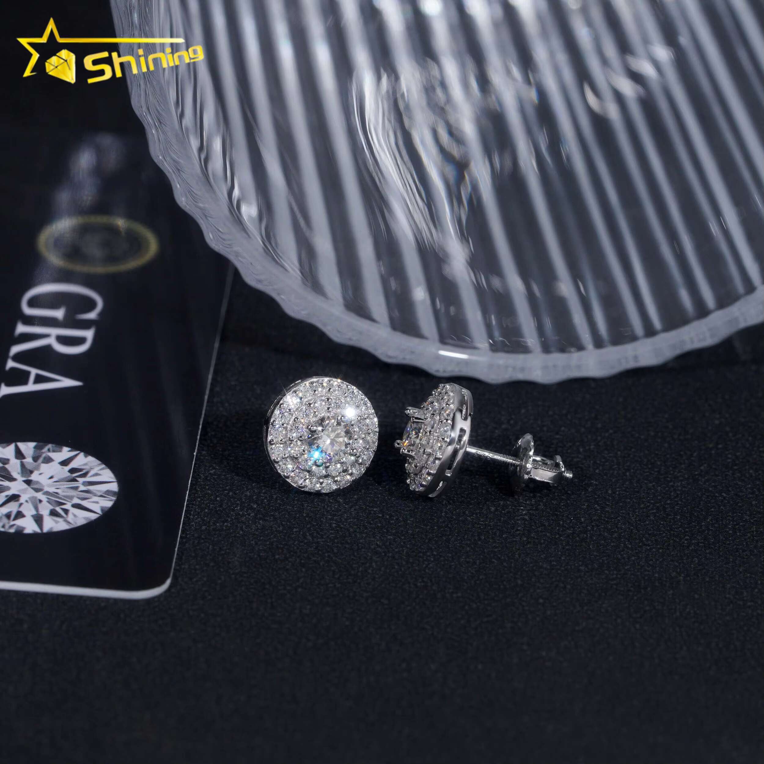 Pass Dia Tester Sterling Sier Round Cluster Iced Out Mens Moissanite Stud Earrings
