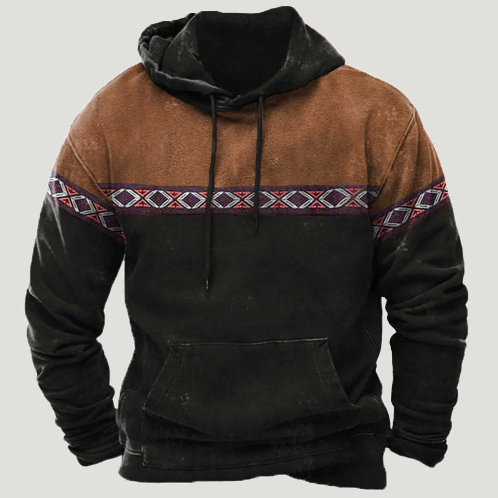 2026 Ethnic Hoodies Mens Clothing Style Patchwork Autumn Winter Fashion Casual Hooded Sweatshirts Drawstring Sweatershirt W251106