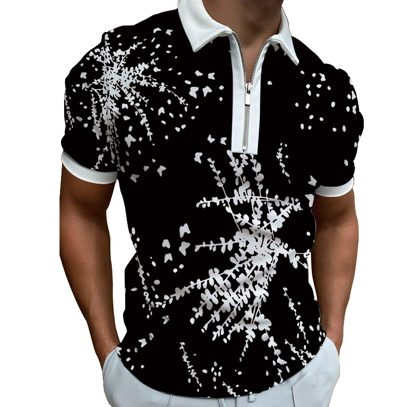 Spring mens printed fashionable casual fashion polyester short sleeved zipper polo shirt mens T-shirt