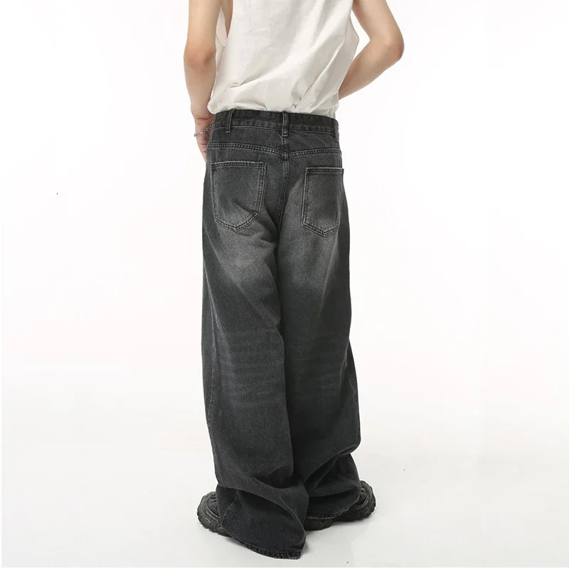 mens loose jeans black and gray retro American straight wide leg pants denim 250401