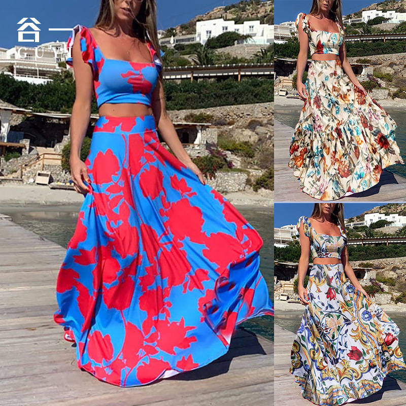 2025 Summer New Waist Top Fashionable Sexy Printed Dress Long Dress Two Piece Set