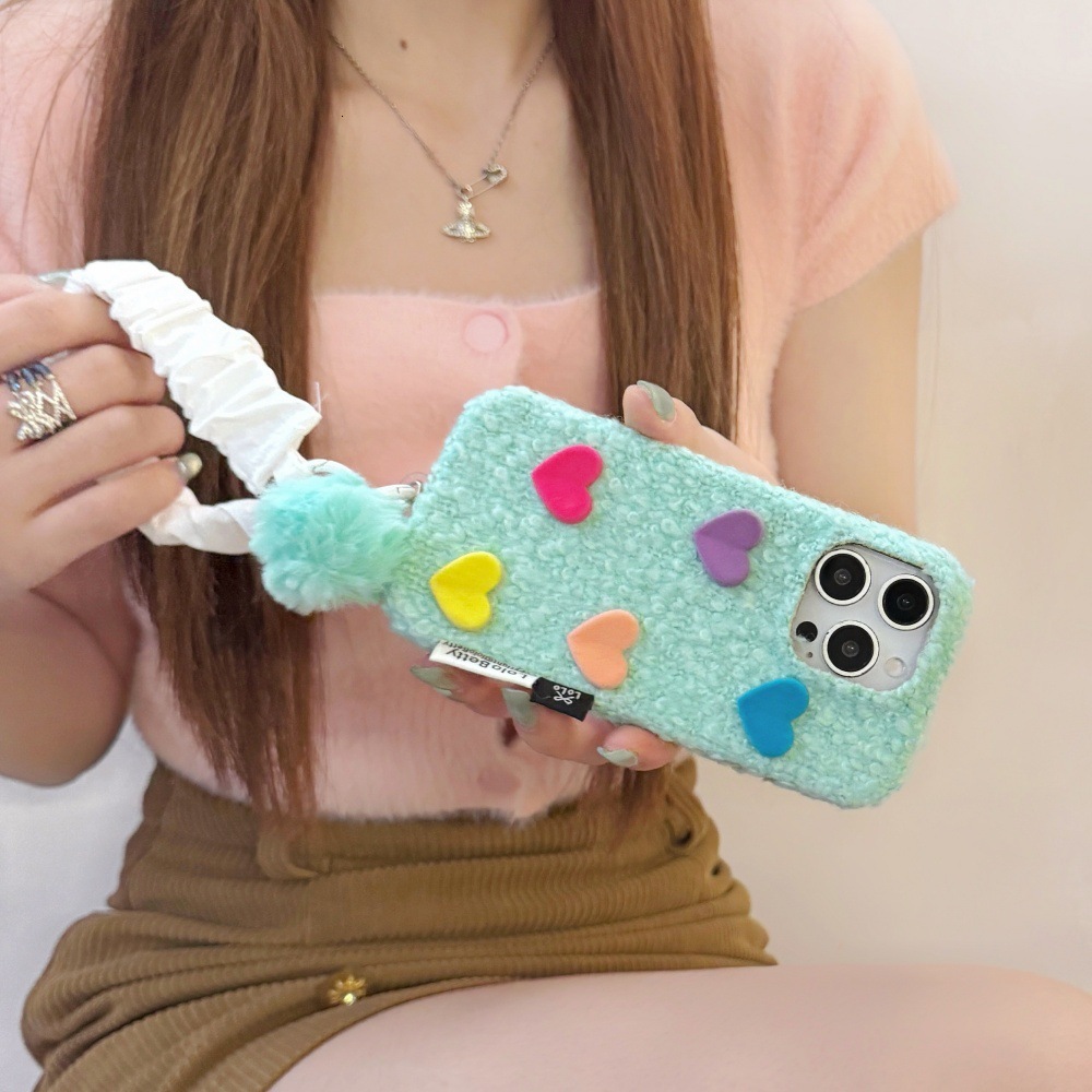 3D Colorful Heart Plush Phone Case Compatible with iPhone 17/16 Personalized Solid Color iPhone 15/14 Pro