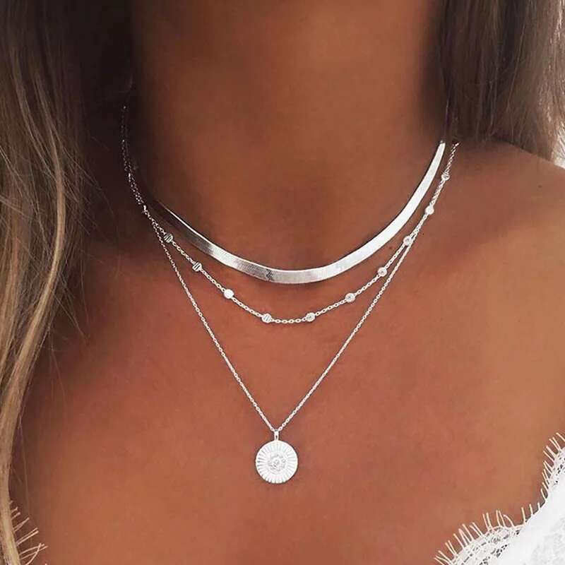 Hot Sterg SierRound Pendant Three-Layer Necklace Simple Snake Charm Beads Chain Party Gift For Women Fine Jewelry