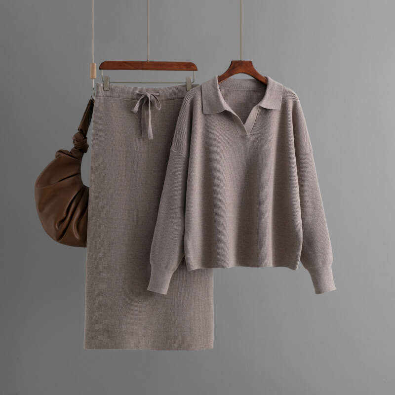 2024 New Foreign Trade Sweater Plus Size Two-Piece Knitted Polo Collar Autumn Winter Loose Women's Fashion Lazy Set
