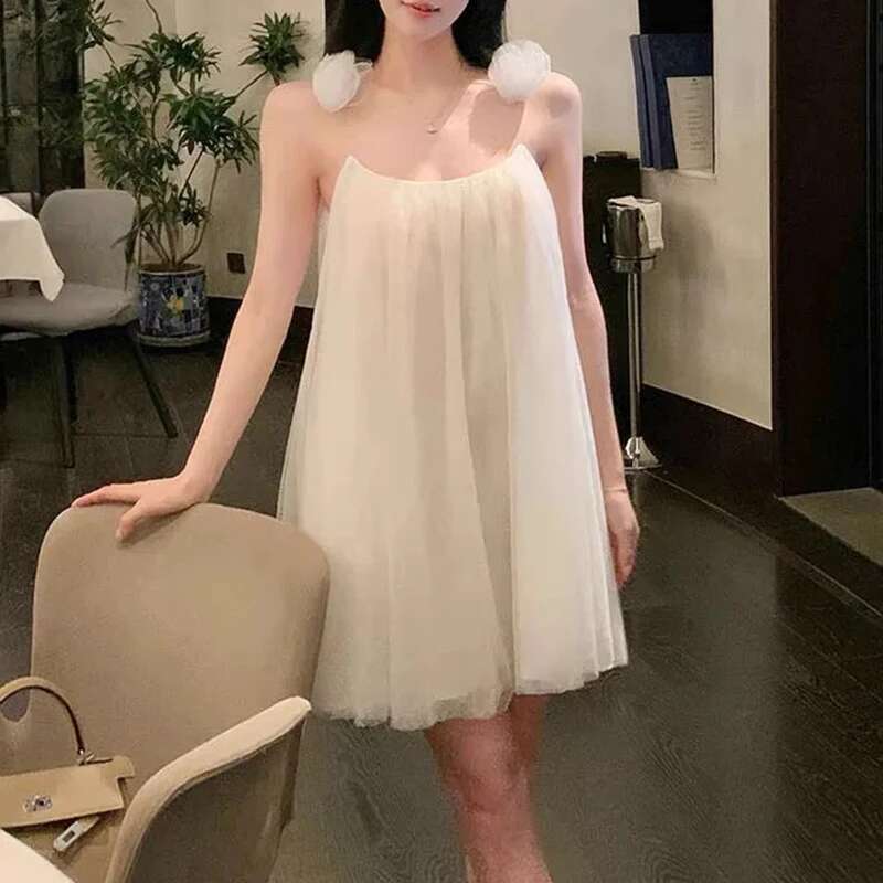 Fashion Women's Mesh Wer Shoulder Strap Sleeveless Dresses Solid Color Suspender Evening Dress Female Trendy 11A03717