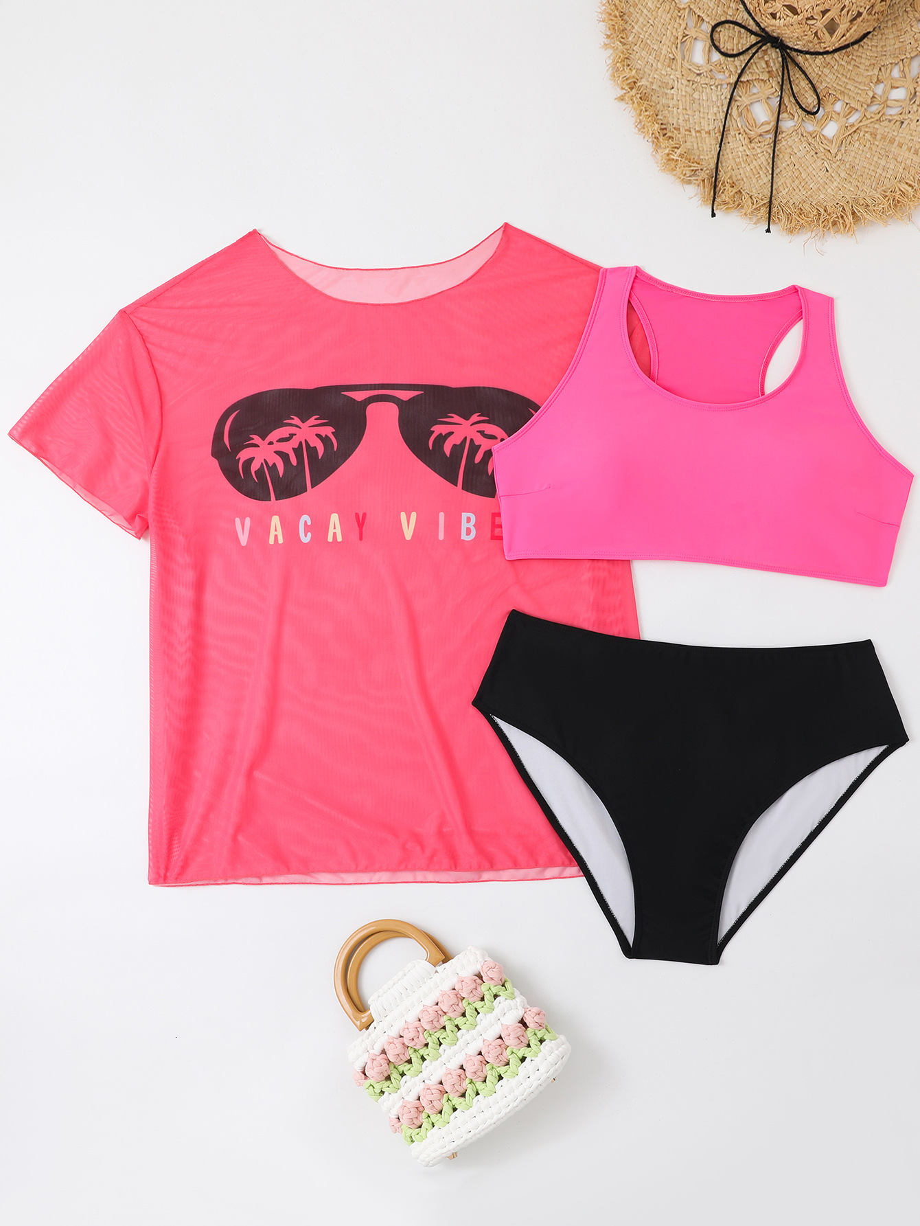 2025 New Customized Printed Mesh Transparent Hoodie Large Swimsuit Bikini 3-Piece Set