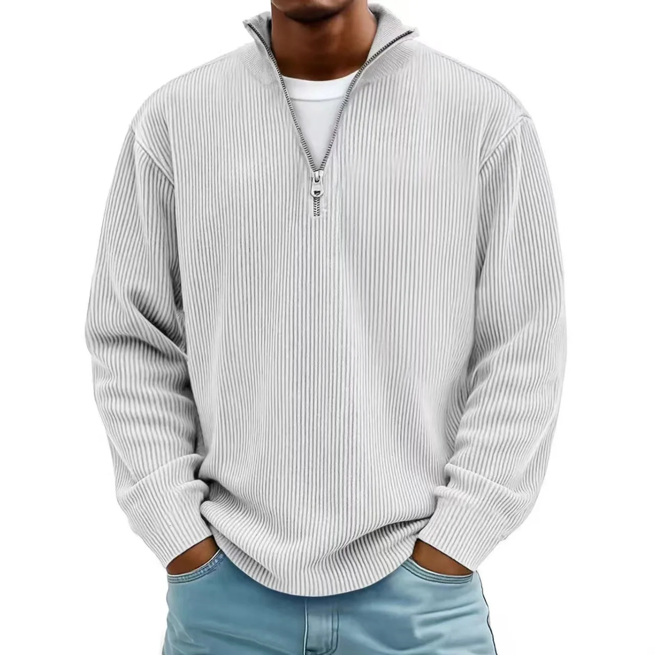 Corduroy Sweatshirts For Men Autumn Solid Long Sleeve Clothing Mens Casual Loose Zipper Polo Collar Tees Tops Man Outwear 251105