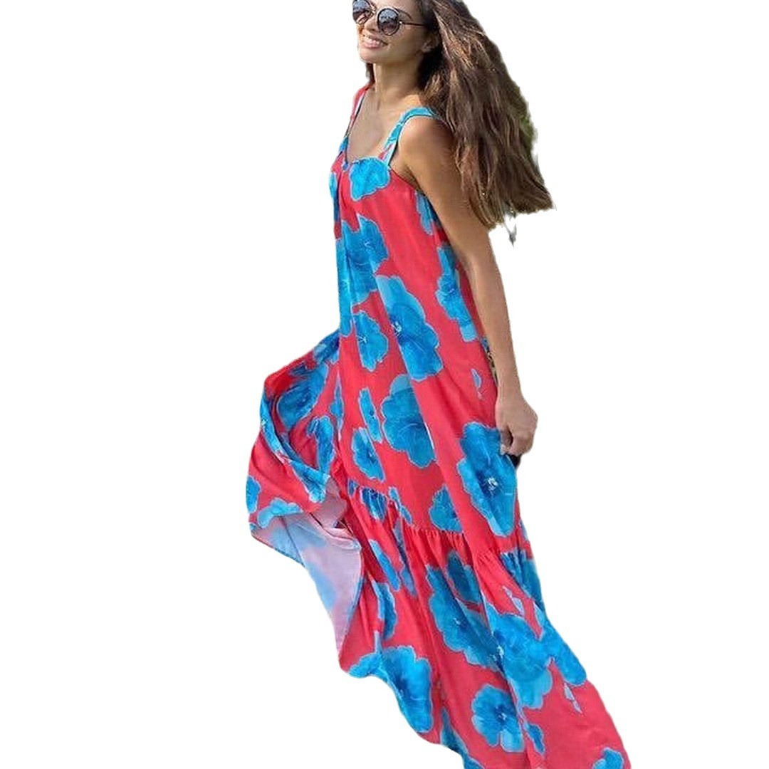 2025 Summer New Womens Dress Bohemian Printed Sleeveless Strap Skirt