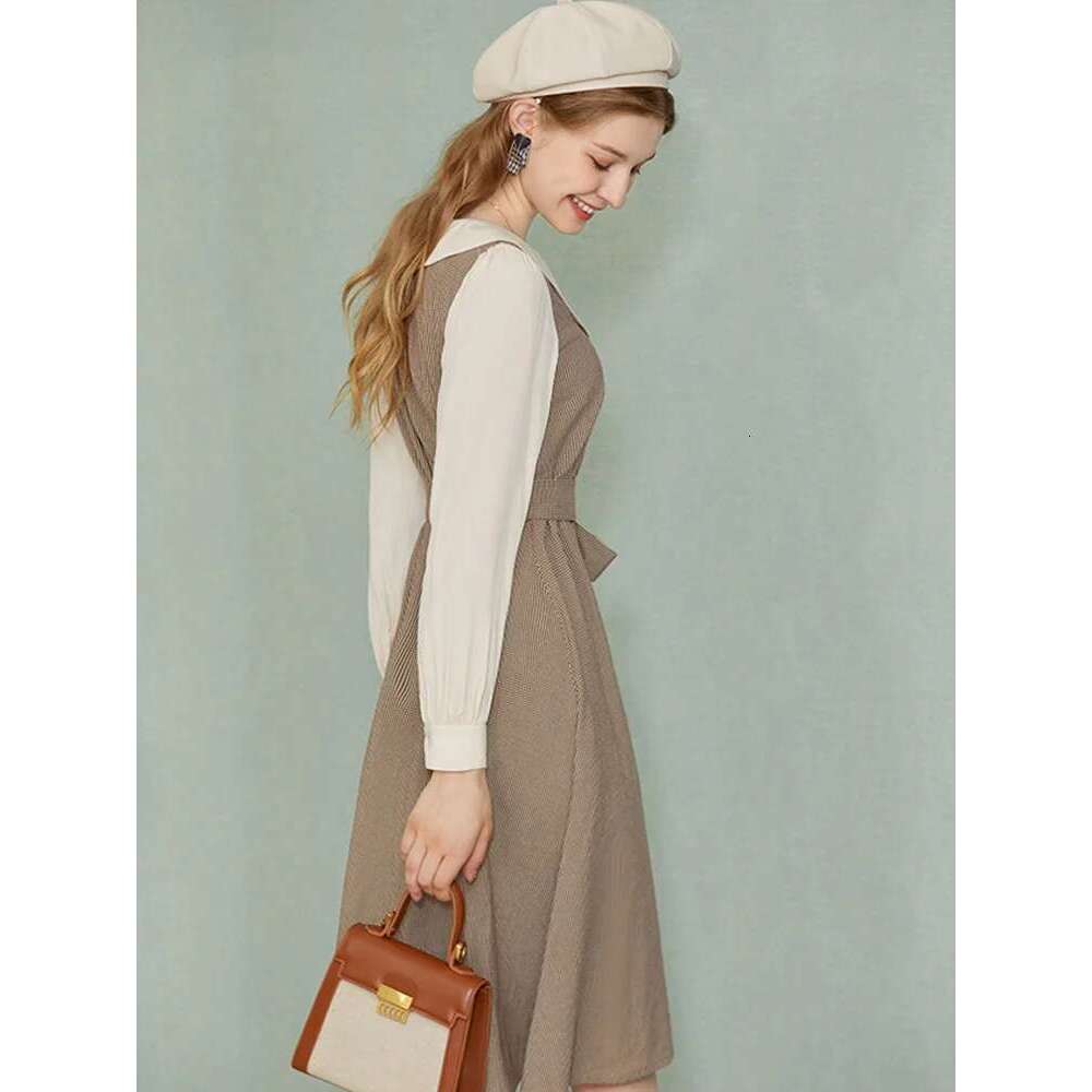 New Spring 2025 Women Dress Retro Preppy Style Doll Collar Waist Temperament Lace-Up Fake Two Dresses
